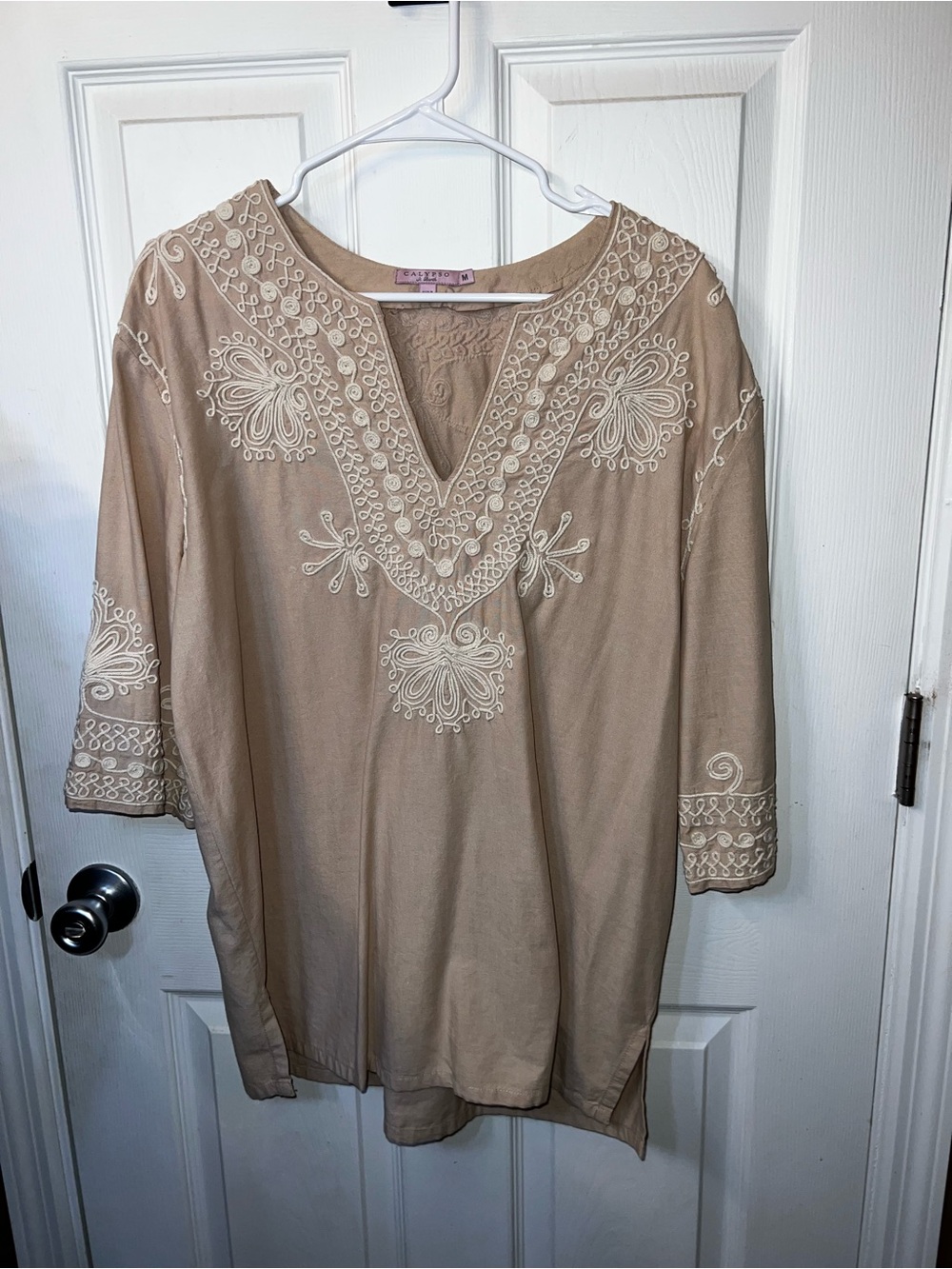 CALYPSO ST BARTH Tan Beige Embroidered Linen Tunic Top Coverup Medium M